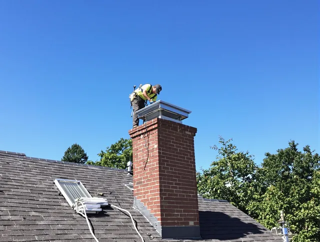 Milford city  Chimney Sweep technician measuring a chimney cap in Milford city , CT