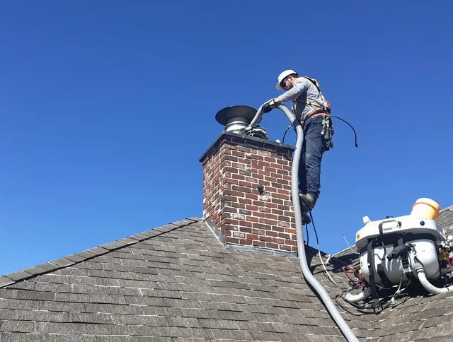 Dedicated Milford city  Chimney Sweep team member cleaning a chimney in Milford city , CT